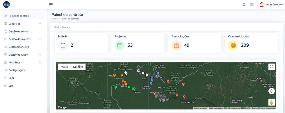 Painel de controle do Fundo Indígena do Rio Negro com mapa de comunidades