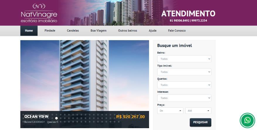 Site imobiliário Nat Vinagre Imóveis
